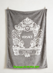 Versace Heather Grey White Baroque Lion Crest 1978 Printed Flannel Throw Blanket IMG_1263